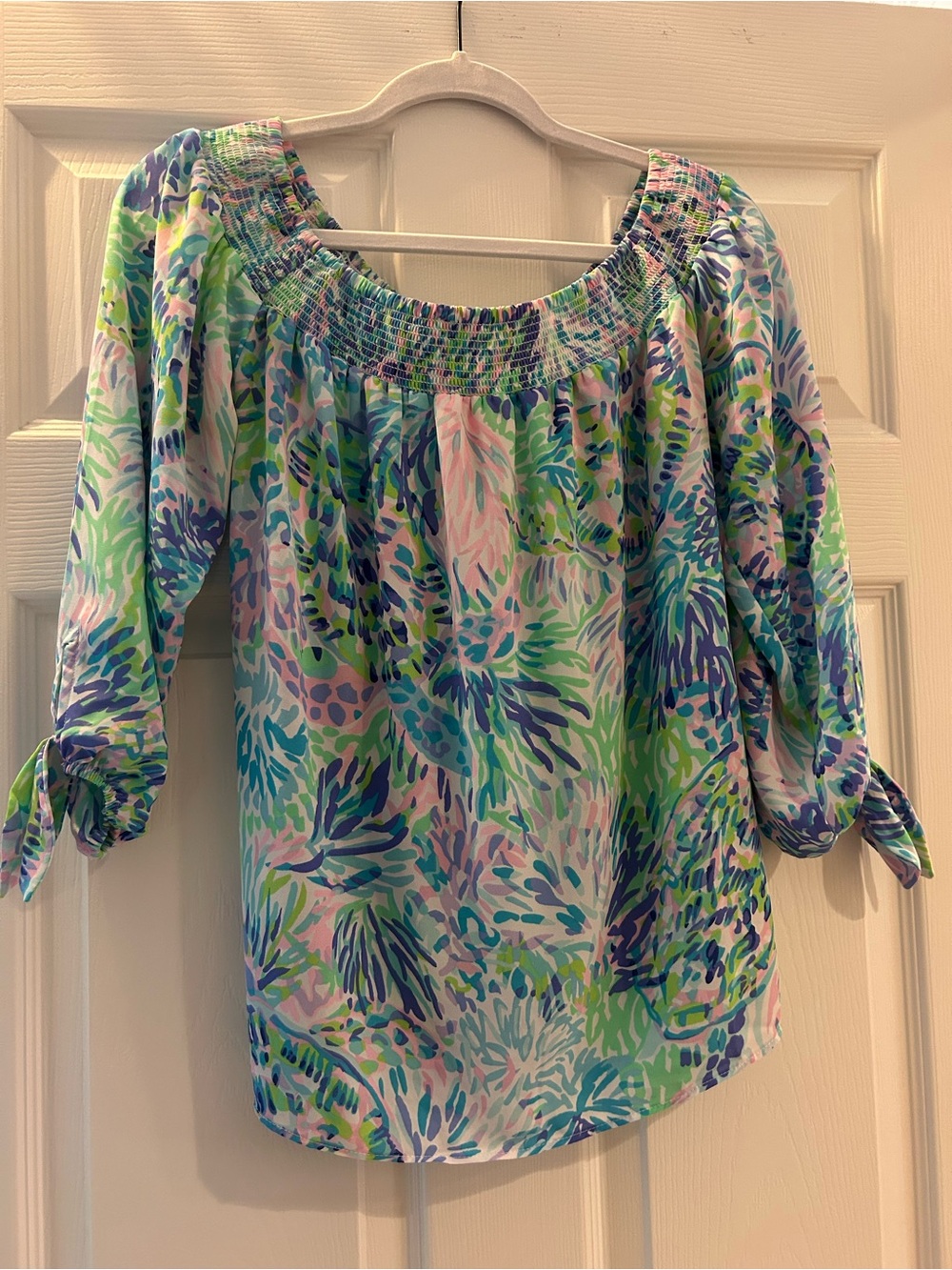 Lilly Pulitzer Smocked Off-Shoulder Blouse in Blue, Green & Pink